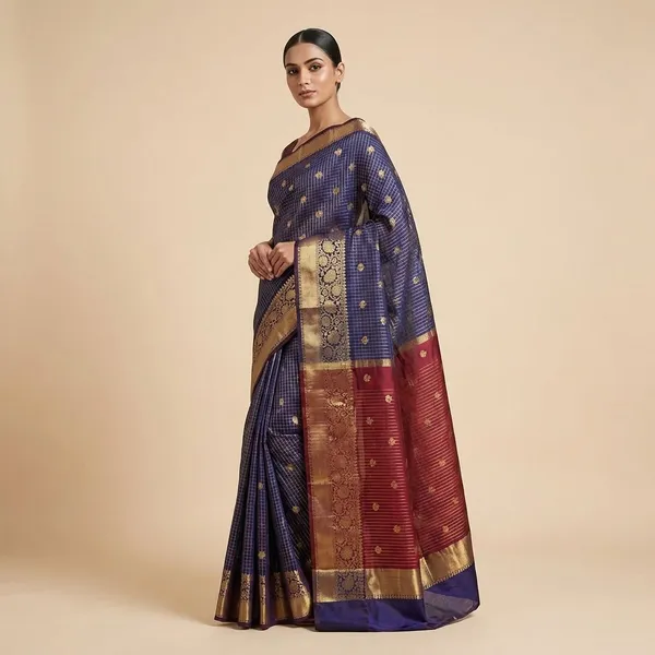 Navy_Blue_Checkered_With_Gold_Zari_Border_Silk_Saree_For_Women