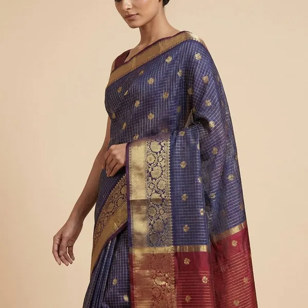 Navy_Blue_Checkered_With_Gold_Zari_Border_Silk_Saree_For_Women