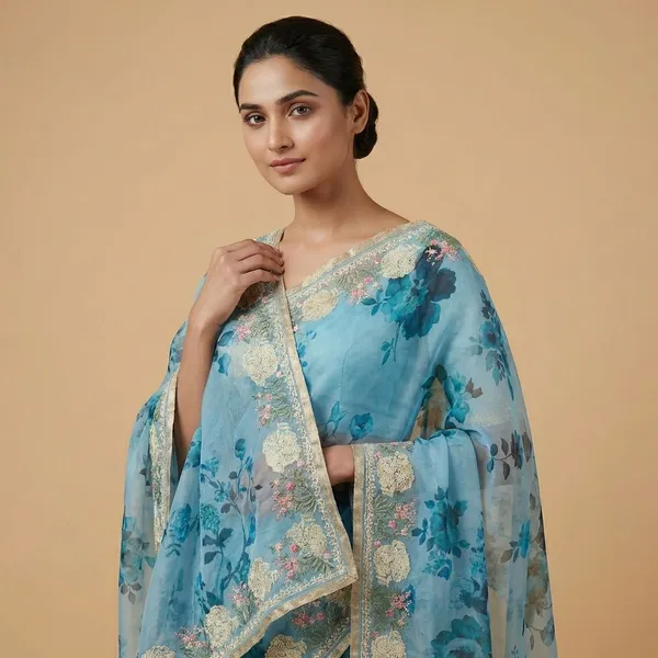 Blue_Floral_Printed_With_Embroidered_Border_Silk_Saree_For_Women