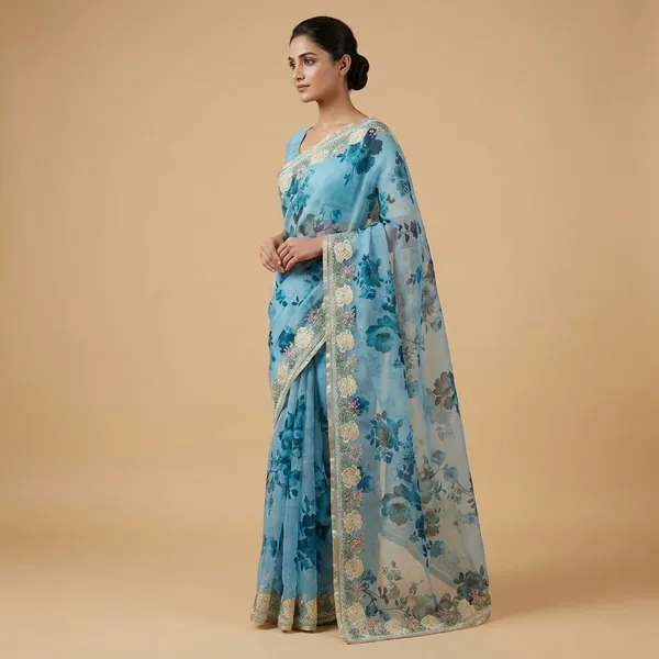Blue_Floral_Printed_With_Embroidered_Border_Silk_Saree_For_Women