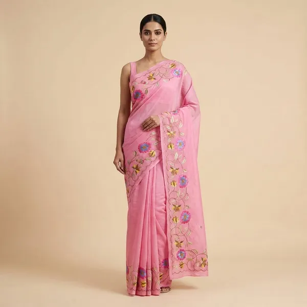 Pink_Embroidered_Floral_With_Golden_Border_Silk_Saree_For_Women