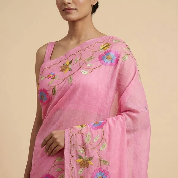 Pink_Embroidered_Floral_With_Golden_Border_Silk_Saree_For_Women