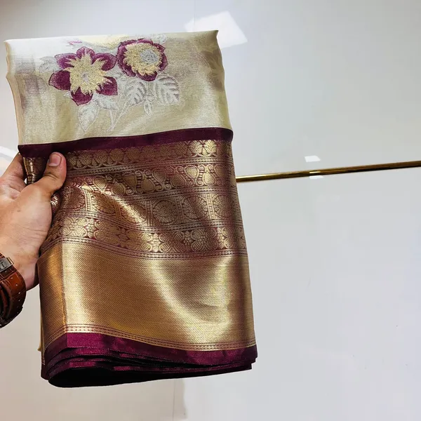 Off_White_And_Maroon_With_Gold_Zari_Border_And_Floral_Embroidery_Silk_Saree_For_Women