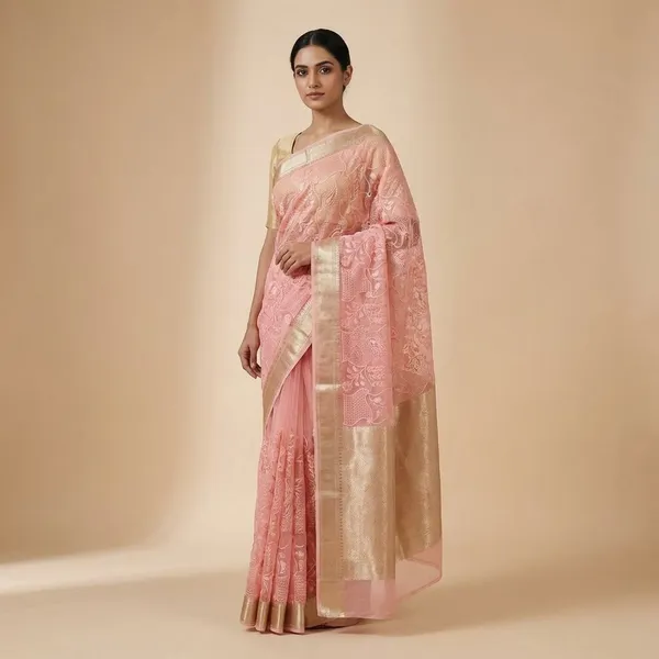 Pink_Embroidered_With_Silver_Border___Traditional_Indian_Ethnic_Wear_Silk_Saree_For_Women