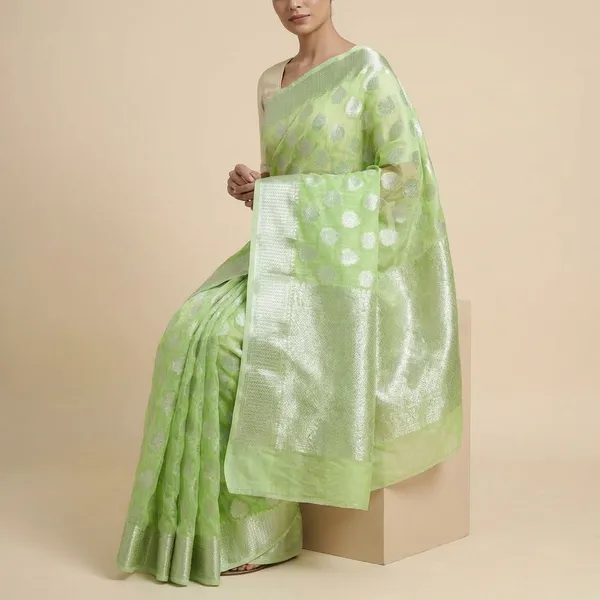 Green_Banarasi_With_Silver_Zari_Buti_Work_And_Woven_Border_Silk_Saree_For_Women
