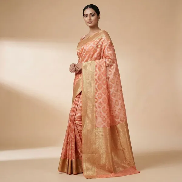 Coral_Peach_Elegant_Banarasi_With_Golden_Brocade_Work_Silk_Saree_For_Women