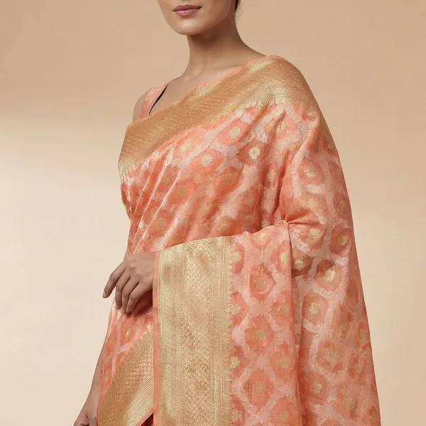 Coral_Peach_Elegant_Banarasi_With_Golden_Brocade_Work_Silk_Saree_For_Women