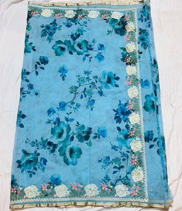 Blue_Floral_Printed_With_Embroidered_Border_Silk_Saree_For_Women