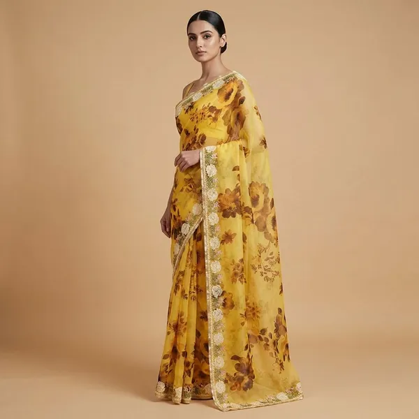 Yellow_Floral_Print_With_Golden_Border_Silk_Saree_For_Women