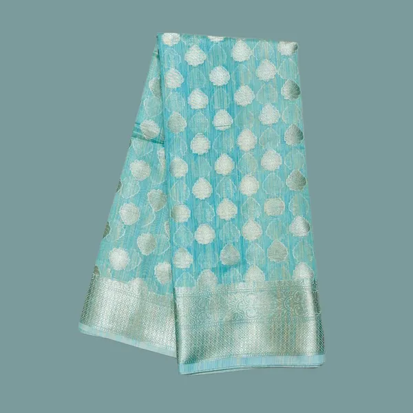 Turquoise_Blue_Polka_Dot_With_Silver_Border_Silk_Saree_For_Women
