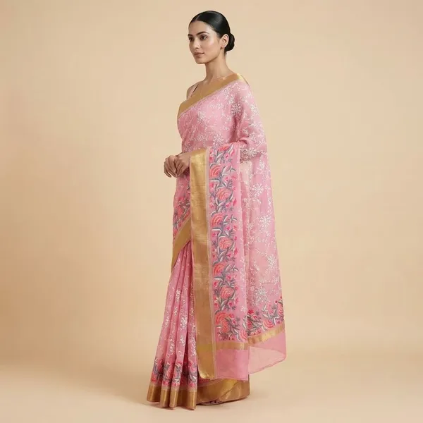 Pink_Floral_Print_Cotton_With_Golden_Border_Silk_Saree_For_Women