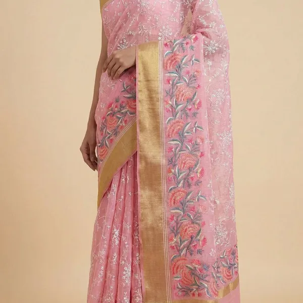 Pink_Floral_Print_Cotton_With_Golden_Border_Silk_Saree_For_Women