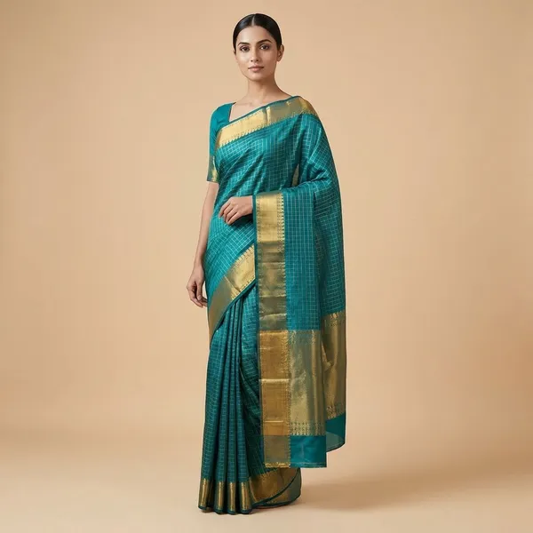 Teal_Blue_Kanchipuram_With_Golden_Zari_Border_And_Elephant_Motifs_Silk_Saree_For_Women