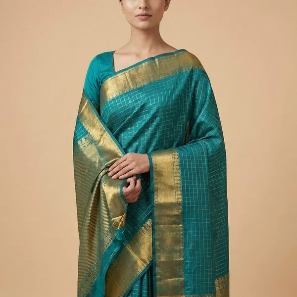 Teal_Blue_Kanchipuram_With_Golden_Zari_Border_And_Elephant_Motifs_Silk_Saree_For_Women