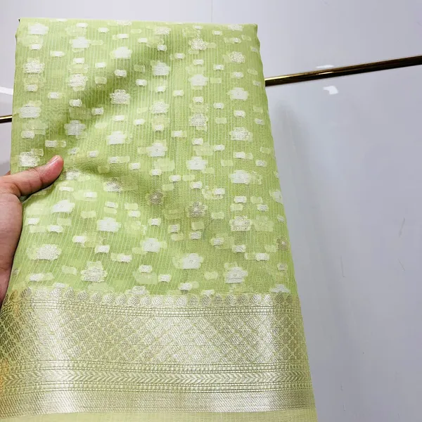 Light_Green_With_White_Woven_Dots_And_Golden_Zari_Border_Silk_Saree_For_Women