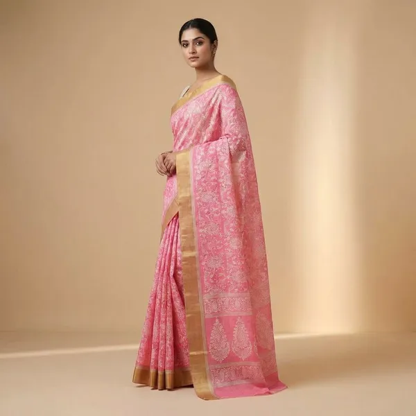 Pink_Embroidered_With_Golden_Border_Silk_Saree_For_Women