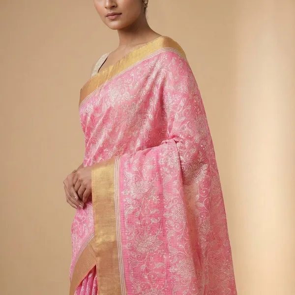 Pink_Embroidered_With_Golden_Border_Silk_Saree_For_Women