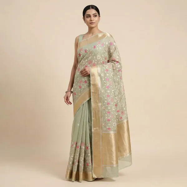 Mint_Green_Embroidered_Floral_With_Golden_Border_Silk_Saree_For_Women