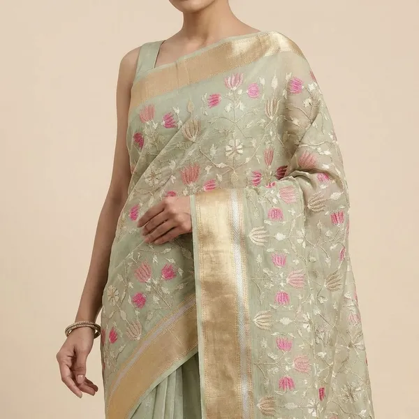 Mint_Green_Embroidered_Floral_With_Golden_Border_Silk_Saree_For_Women