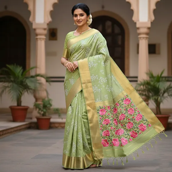 Green_Elegant_Banarasi_With_Floral_Embroidered_Border_Silk_Saree_For_Women