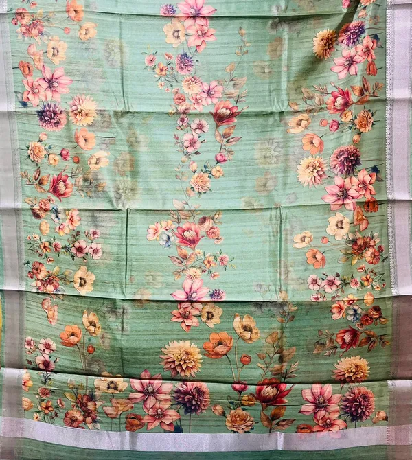 Green_Floral_Digital_Print_With_Silver_Border_Silk_Saree_For_Women