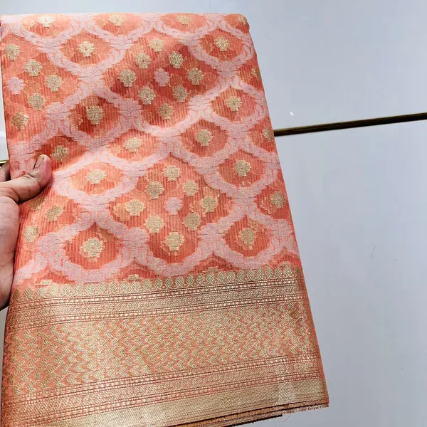 Coral_Peach_Elegant_Banarasi_With_Golden_Brocade_Work_Silk_Saree_For_Women