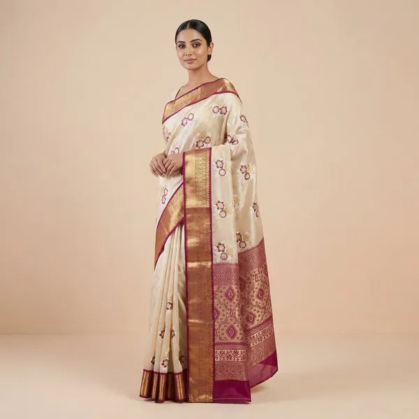Cream_And_Purple_Elegant_With_Golden_Zari_Border_And_Floral_Embroidery_Silk_Saree_For_Women