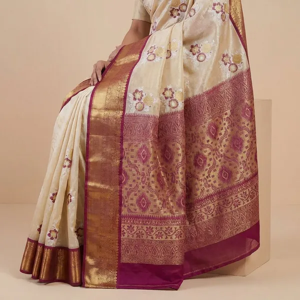 Cream_And_Purple_Elegant_With_Golden_Zari_Border_And_Floral_Embroidery_Silk_Saree_For_Women