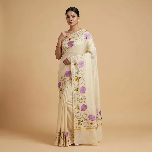 Cream_Embroidered_Floral_Table_Runner_With_Scalloped_Edges_Silk_Saree_For_Women