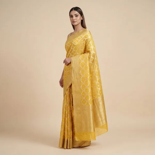 Yellow_Banarasi_With_Golden_Zari_Work_Silk_Saree_For_Women