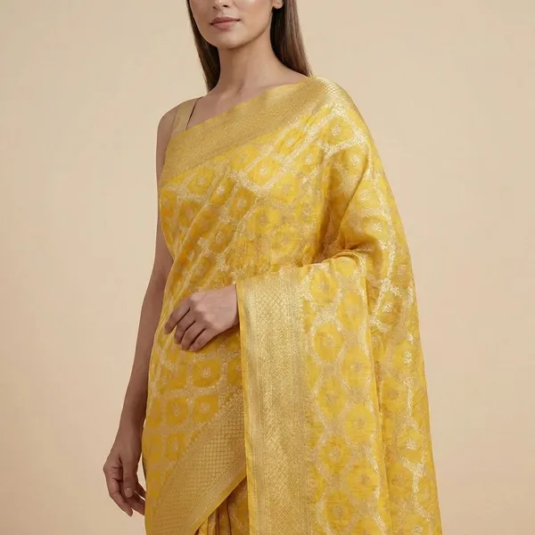 Yellow_Banarasi_With_Golden_Zari_Work_Silk_Saree_For_Women
