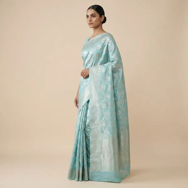 Turquoise_Blue_And_Silver_Floral_Brocade_Fabric_Silk_Saree_For_Women