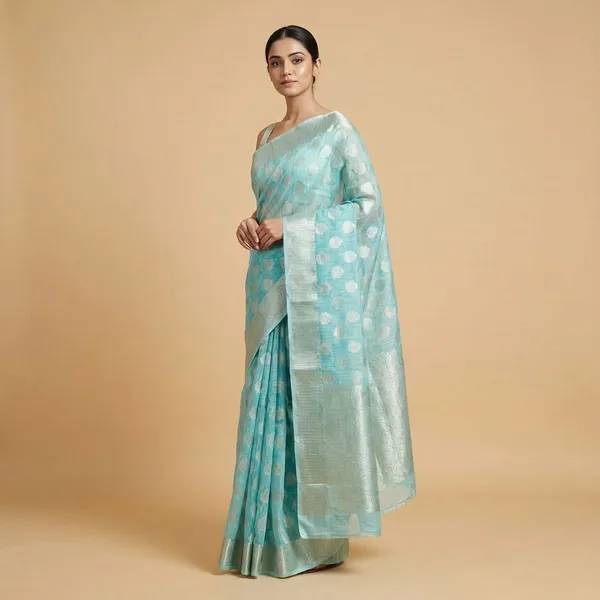 Turquoise_Blue_Polka_Dot_With_Silver_Border_Silk_Saree_For_Women
