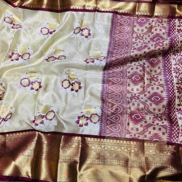 Cream_And_Purple_Elegant_With_Golden_Zari_Border_And_Floral_Embroidery_Silk_Saree_For_Women