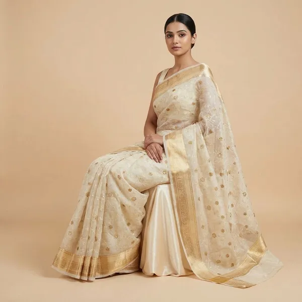 White_Floral_Embroidered_With_Golden_Border_Silk_Saree_For_Women