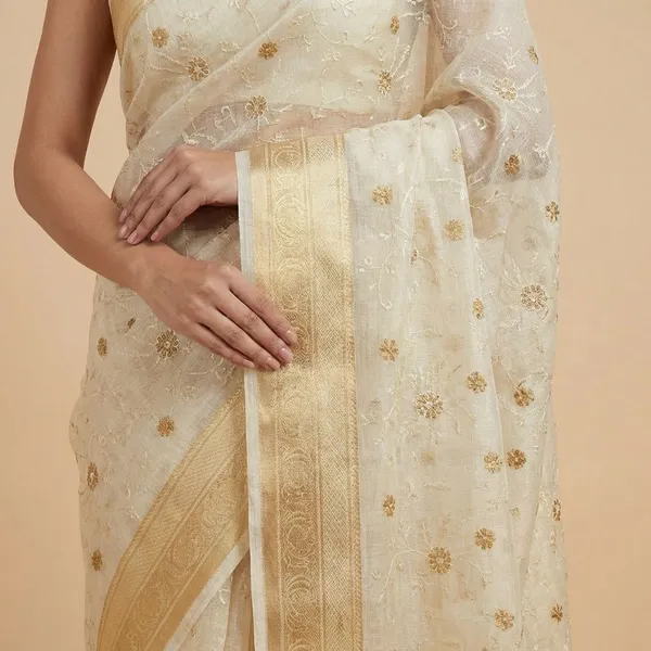 White_Floral_Embroidered_With_Golden_Border_Silk_Saree_For_Women