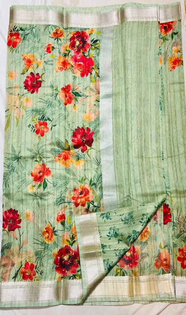 Mint_Green_Floral_Printed_With_Golden_Border_Silk_Saree_For_Women