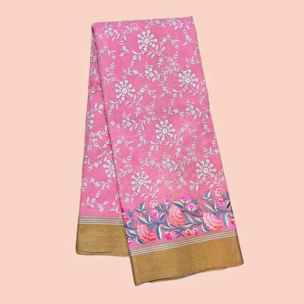 Pink_Floral_Print_Cotton_With_Golden_Border_Silk_Saree_For_Women