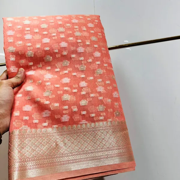 Coral_Peach_Banarasi_With_Gold_Zari_Work_Silk_Saree_For_Women