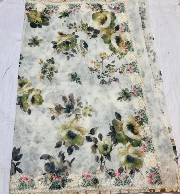 Green_Floral_Print_Organza_Fabric_With_Embroidered_Border_Cream_Base_With_Flowers_Silk_Saree_For_Women