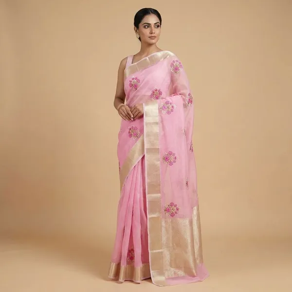 Pink_Organza_With_Embroidered_Floral_Motifs_And_Golden_Border_Silk_Saree_For_Women