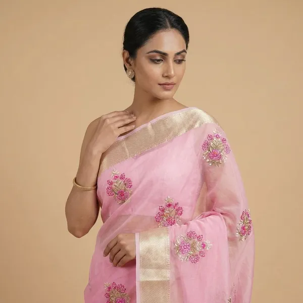 Pink_Organza_With_Embroidered_Floral_Motifs_And_Golden_Border_Silk_Saree_For_Women