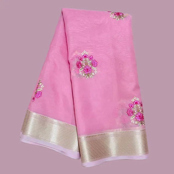 Pink_Organza_With_Embroidered_Floral_Motifs_And_Golden_Border_Silk_Saree_For_Women