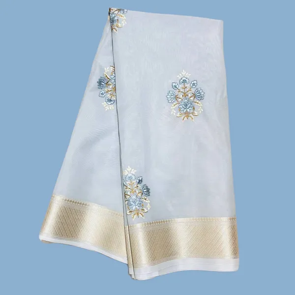 White_Embroidered_With_Golden_Border_And_Floral_Motifs_Silk_Saree_For_Women