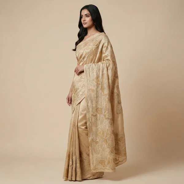 Golden_Elegant_Floral_Embroidered_Brocade_Fabric_With_Scalloped_Border_Silk_Saree_For_Women