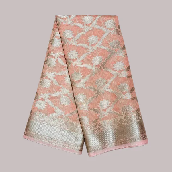 Peach_Pink_Elegant_Floral_Brocade_Fabric_With_Silver_Zari_Border_Silk_Saree_For_Women