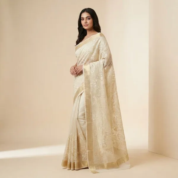 Cream_Embroidered_With_Golden_Border_Silk_Saree_For_Women