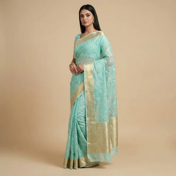 Light_Blue_Brocade_With_Floral_Pattern_And_Silver_Border_Silk_Saree_For_Women