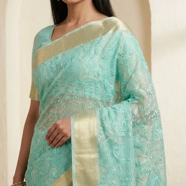 Light_Blue_Brocade_With_Floral_Pattern_And_Silver_Border_Silk_Saree_For_Women