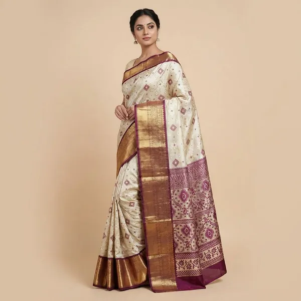 Off_White_And_Maroon_Traditional_With_Golden_Zari_Border_And_Ikat_Pallu_Silk_Saree_For_Women